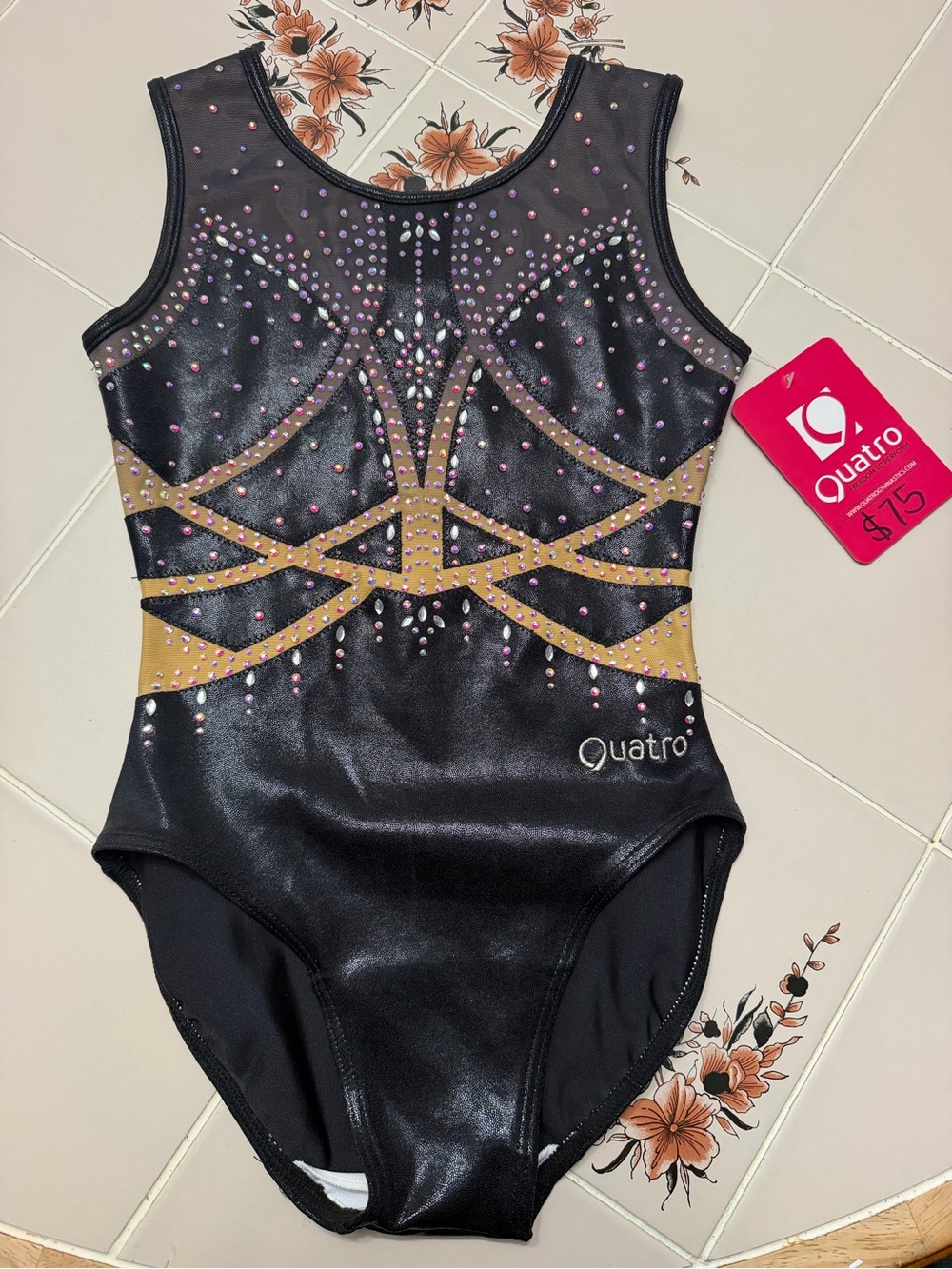 Girls' Black and Gold Sparkle Dance Leotard with Pink Accents